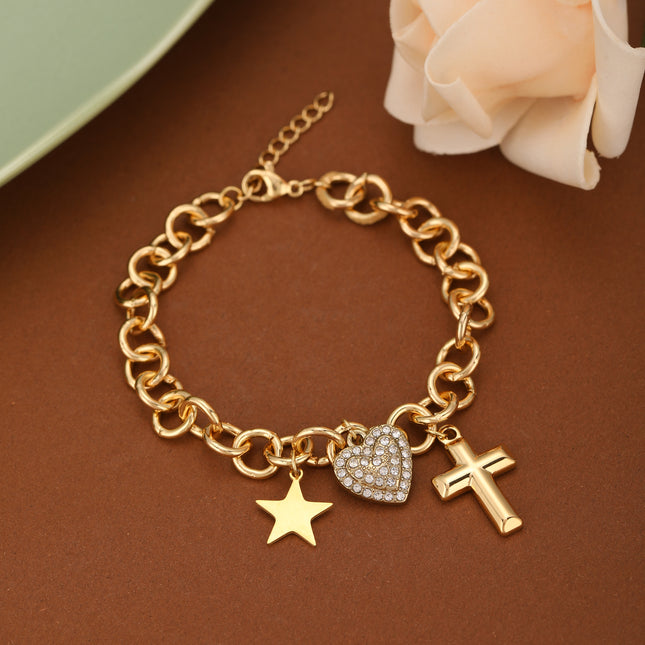 Pulsera De Cadena De Anillos Gruesos Con Colgantes De Cruz Y Corazón