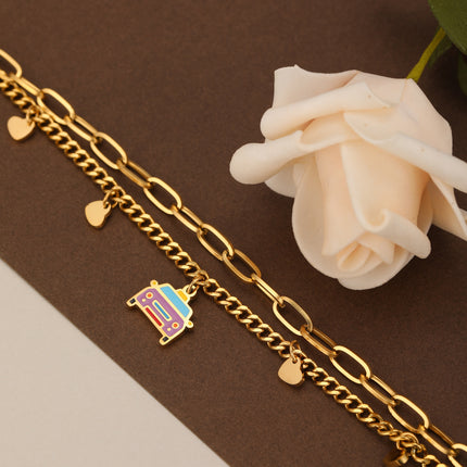 Pulsera De Doble Cadena Con Colgante De Corazón Y Automóvil Colorido