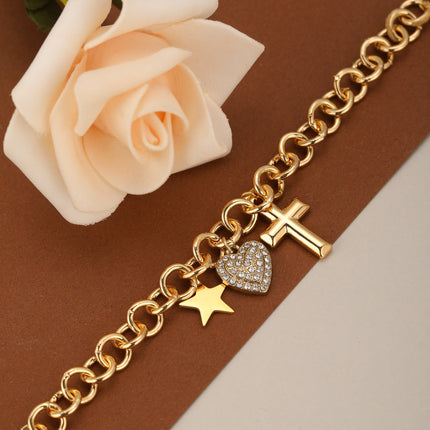 Pulsera De Cadena De Anillos Gruesos Con Colgantes De Cruz Y Corazón