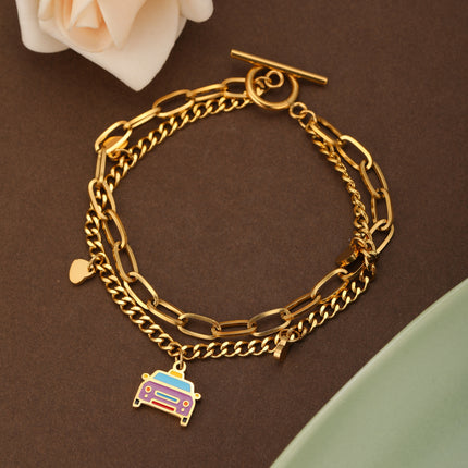 Pulsera De Doble Cadena Con Colgante De Corazón Y Automóvil Colorido