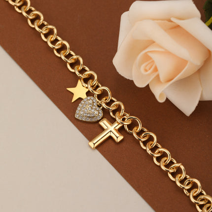 Pulsera De Cadena De Anillos Gruesos Con Colgantes De Cruz Y Corazón