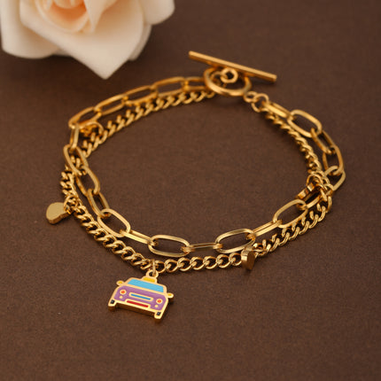 Pulsera De Doble Cadena Con Colgante De Corazón Y Automóvil Colorido