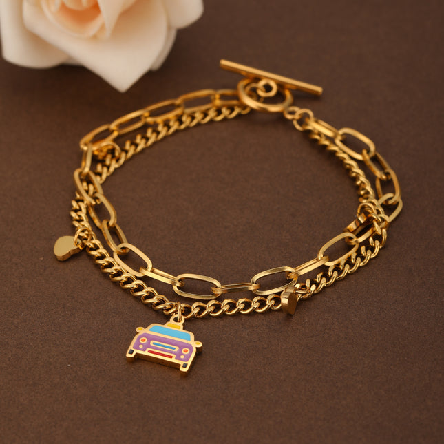 Pulsera De Doble Cadena Con Colgante De Corazón Y Automóvil Colorido