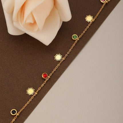 Pulsera Con Colgante Solar Y Zirconitas De Colores, Acero Chapado En 14K