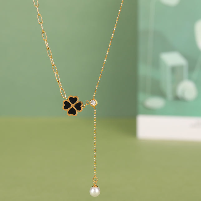 Collar De Tipo Corbata Con Borla De Perla De Acero Inoxidable Con Colgante De Flor De Cuatro Hojas