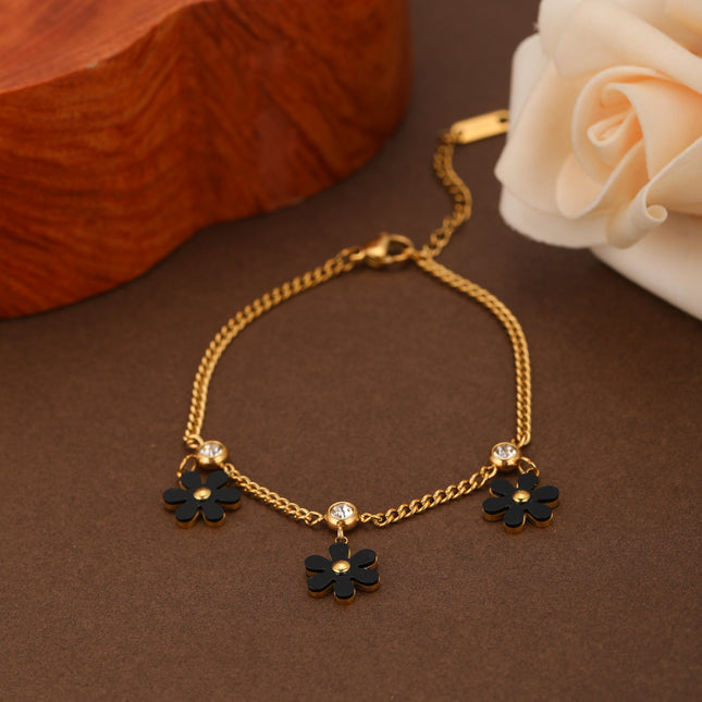 Pulsera De Acero Con Flores Negras Y Zirconias, Baño De Oro 14K