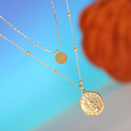 Collar De Doble Capa De Cadena De Serpiente Con Bolas De Acero Con Colgante De Placa De Reina Ovalada