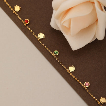Pulsera Con Colgante Solar Y Zirconitas De Colores, Acero Chapado En 14K