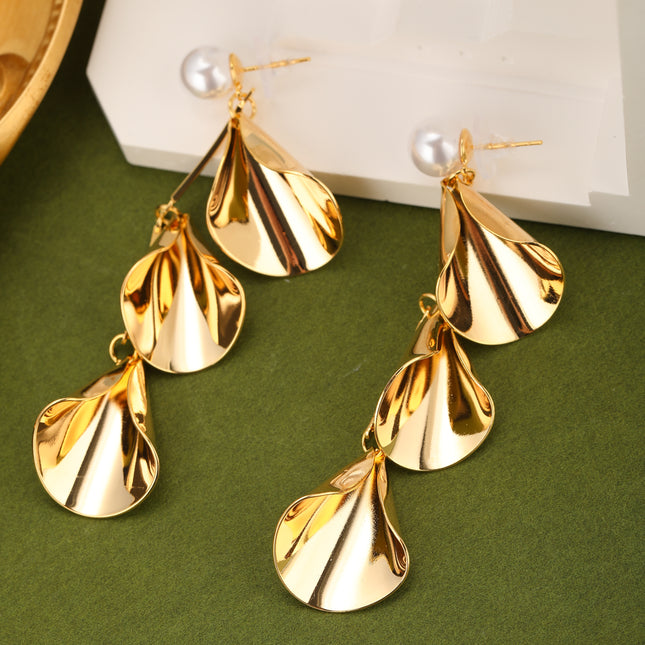 Aretes De Forma Geométrica Con Perla Artificial, Cobre Chapado En Oro 14K