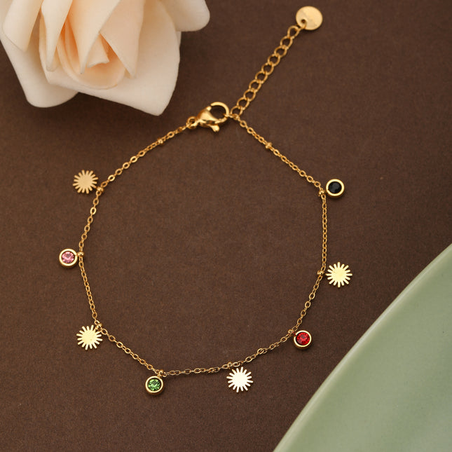 Pulsera Con Colgante Solar Y Zirconitas De Colores, Acero Chapado En 14K