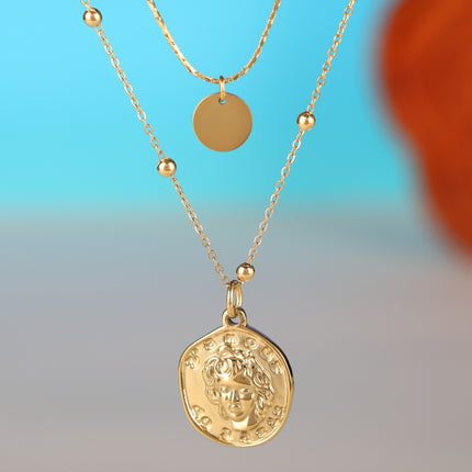 Collar De Doble Capa De Cadena De Serpiente Con Bolas De Acero Con Colgante De Placa De Reina Ovalada