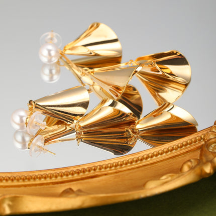 Aretes De Forma Geométrica Con Perla Artificial, Cobre Chapado En Oro 14K