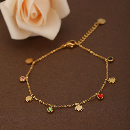 Pulsera Con Colgante Solar Y Zirconitas De Colores, Acero Chapado En 14K