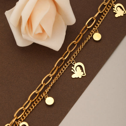Pulsera Doble Capa De Acero Con Corazón Y Mariposa, Baño De Oro 14K