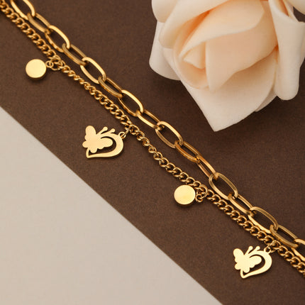 Pulsera Doble Capa De Acero Con Corazón Y Mariposa, Baño De Oro 14K