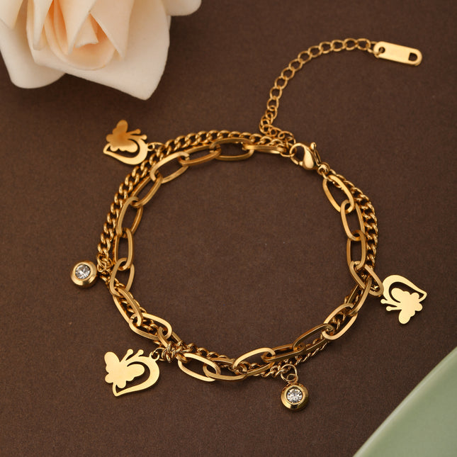Pulsera Doble Capa De Acero Con Corazón Y Mariposa, Baño De Oro 14K