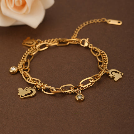 Pulsera Doble Capa De Acero Con Corazón Y Mariposa, Baño De Oro 14K