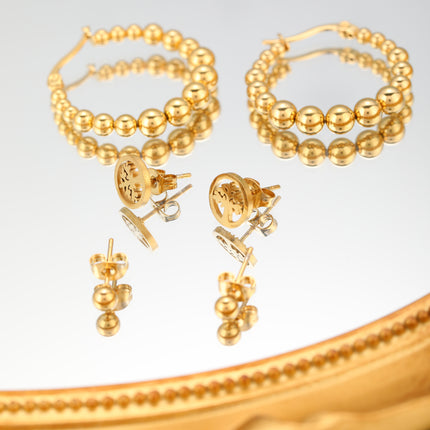 Aretes De Titanio Con Árbol De La Vida Y Aros Con Perlas Doradas