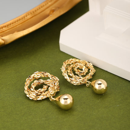 Aretes Dorados Con Colgante De Flor y Gota, Diseño Minimalista En Cobre