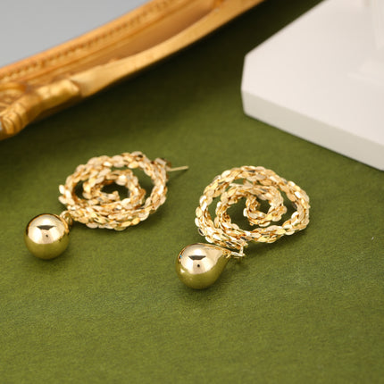 Aretes Dorados Con Colgante De Flor y Gota, Diseño Minimalista En Cobre