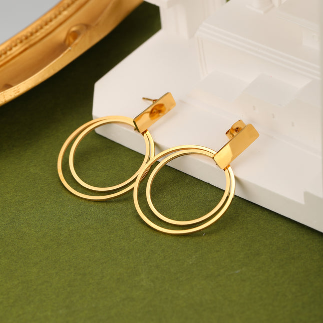 Aretes Arracadas De Acero Con Doble Aro Dorado De Estilo Minimalista