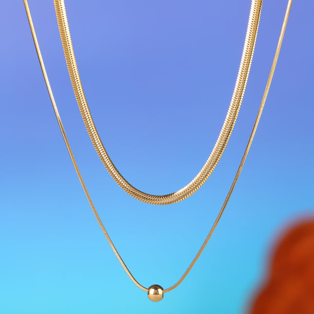 Collar De Doble Capa De Cadena Plana Redonda De Serpiente Con Bolas De Acero