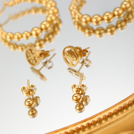 Aretes De Titanio Con Árbol De La Vida Y Aros Con Perlas Doradas