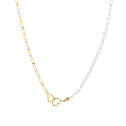 Collar De Cadena De Perlas Y Con Colgante De Dos Corazones Cruzadas Con Diseño De Moda