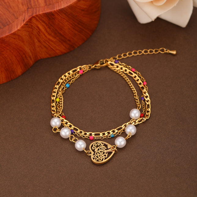 Pulsera Con Diseño De Tres Capas En Corazón Y Perlas De Cobre Chapado En Oro 14K