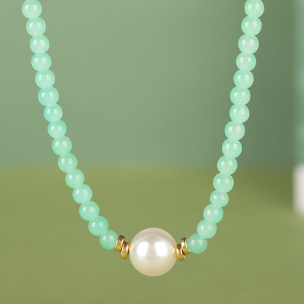Collar Elegante Simple De Cuentas De Vidrio Verde De Moda Con Perla Grande