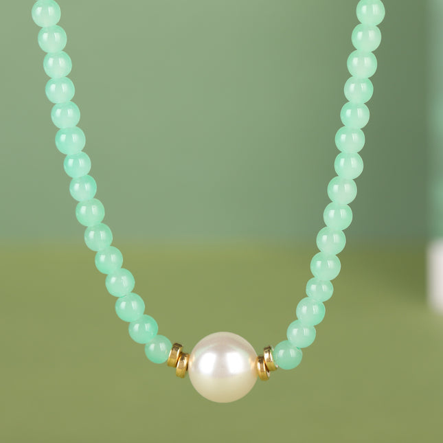 Collar Elegante Simple De Cuentas De Vidrio Verde De Moda Con Perla Grande