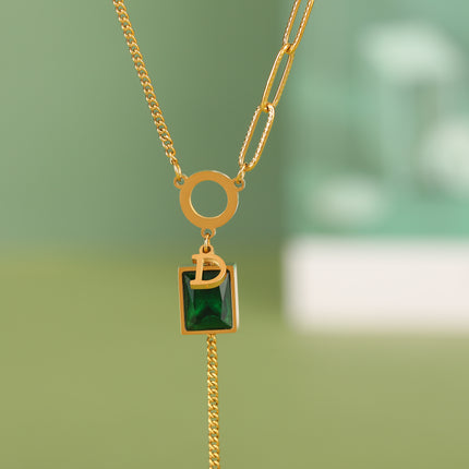 Collar De Acero Inoxidable Vintage Con Colgante De Circón Verde Y Letra D De Borla De Moda