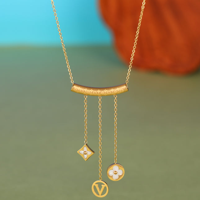 Collar Clásico De Tipo Corbata De Moda Con Borla De Flor De Cuatro Hojas De Acero Inoxidable De Concha