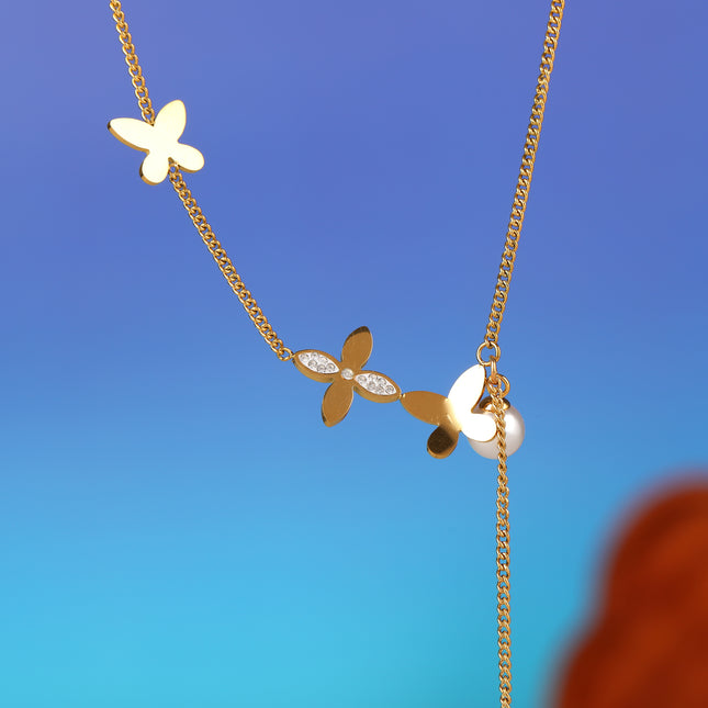 Collar Con Colgante De Mariposa De Perla De Moda De Tipo Corbata De Acero Inoxidable