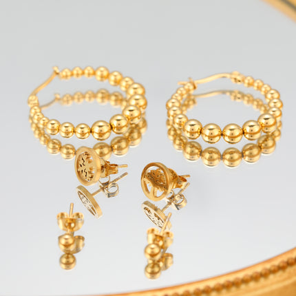 Aretes De Titanio Con Árbol De La Vida Y Aros Con Perlas Doradas