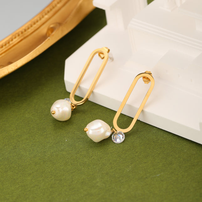 Aretes De Acero Con Ovalo Hueco, Colgante De Diamante Y Perla Artificial