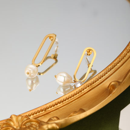 Aretes De Acero Con Ovalo Hueco, Colgante De Diamante Y Perla Artificial