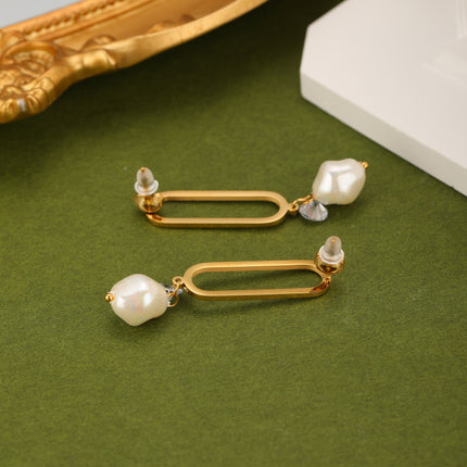 Aretes De Acero Con Ovalo Hueco, Colgante De Diamante Y Perla Artificial