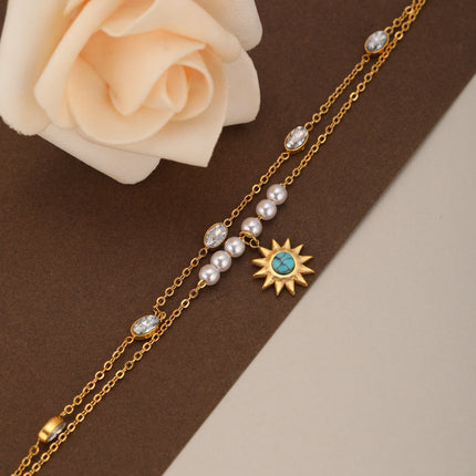 Pulsera Doble Con Flores De Sol Y Perlas Con Diamantes Ovalados De Cobre Chapado En Oro 14K