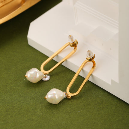 Aretes De Acero Con Ovalo Hueco, Colgante De Diamante Y Perla Artificial
