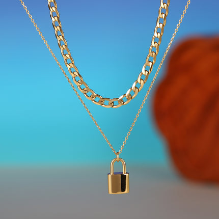 Collar De Doble Capa De Cadena Plana Con Candado Brillante De Acero Inoxidable