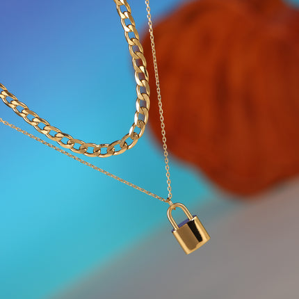 Collar De Doble Capa De Cadena Plana Con Candado Brillante De Acero Inoxidable