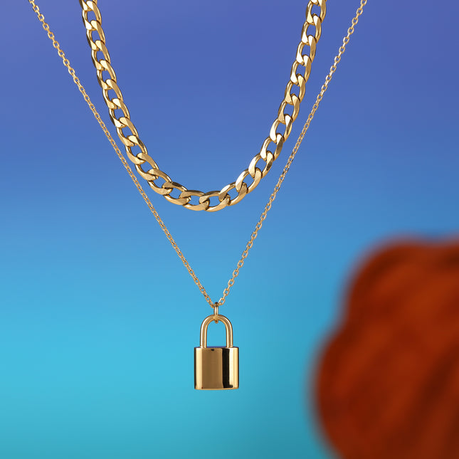 Collar De Doble Capa De Cadena Plana Con Candado Brillante De Acero Inoxidable