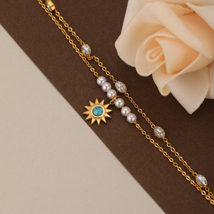 Pulsera Doble Con Flores De Sol Y Perlas Con Diamantes Ovalados De Cobre Chapado En Oro 14K