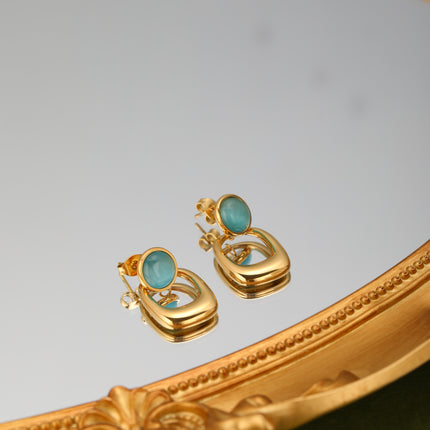 Aretes Arracadas De Acero Con Colgante Geométrico De Piedra Azul Verde