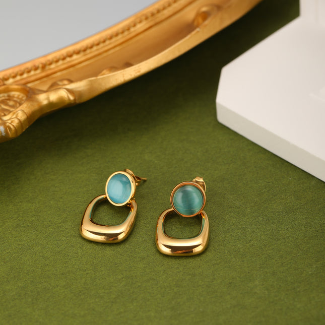 Aretes Arracadas De Acero Con Colgante Geométrico De Piedra Azul Verde