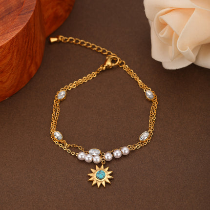 Pulsera Doble Con Flores De Sol Y Perlas Con Diamantes Ovalados De Cobre Chapado En Oro 14K