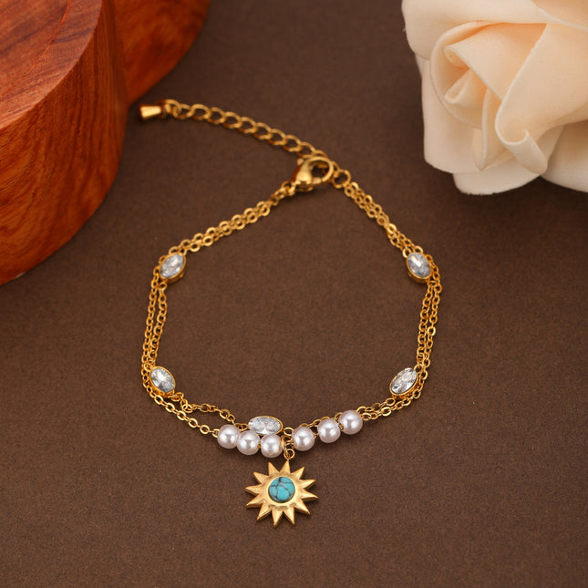Pulsera Doble Con Flores De Sol Y Perlas Con Diamantes Ovalados De Cobre Chapado En Oro 14K