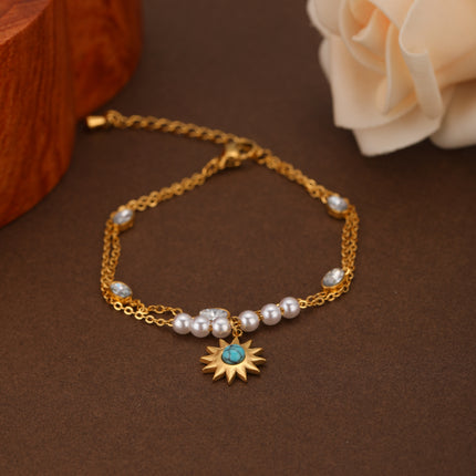 Pulsera Doble Con Flores De Sol Y Perlas Con Diamantes Ovalados De Cobre Chapado En Oro 14K