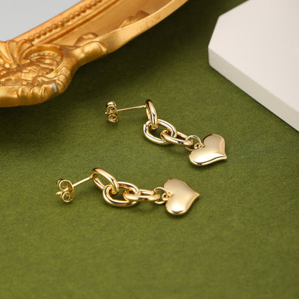 Aretes Largos Con Colgante De Corazón, Cobre Chapado En Oro De 14K